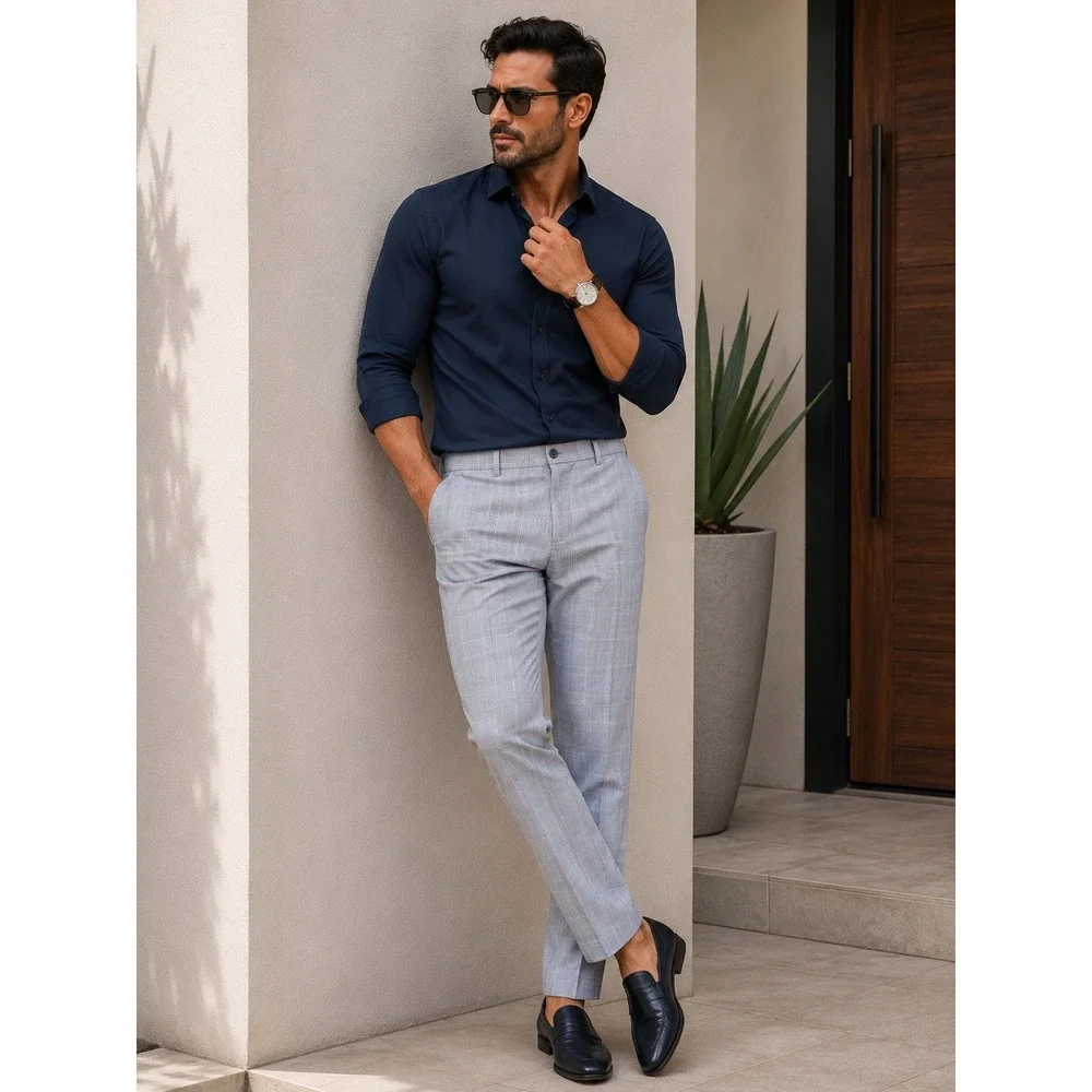 Alfani Slim Fit Dress Pants Mens 33x32 Light Blue Glen Plaid Stretch Trousers